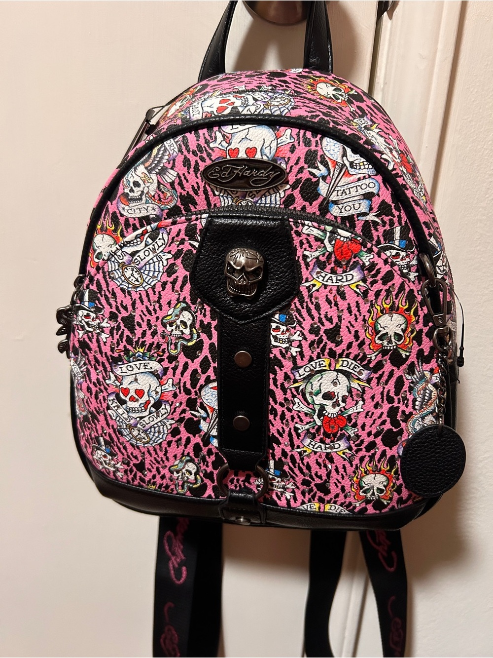 Ed Hardy Pink Tattoo Skull Backpack with Black Trim